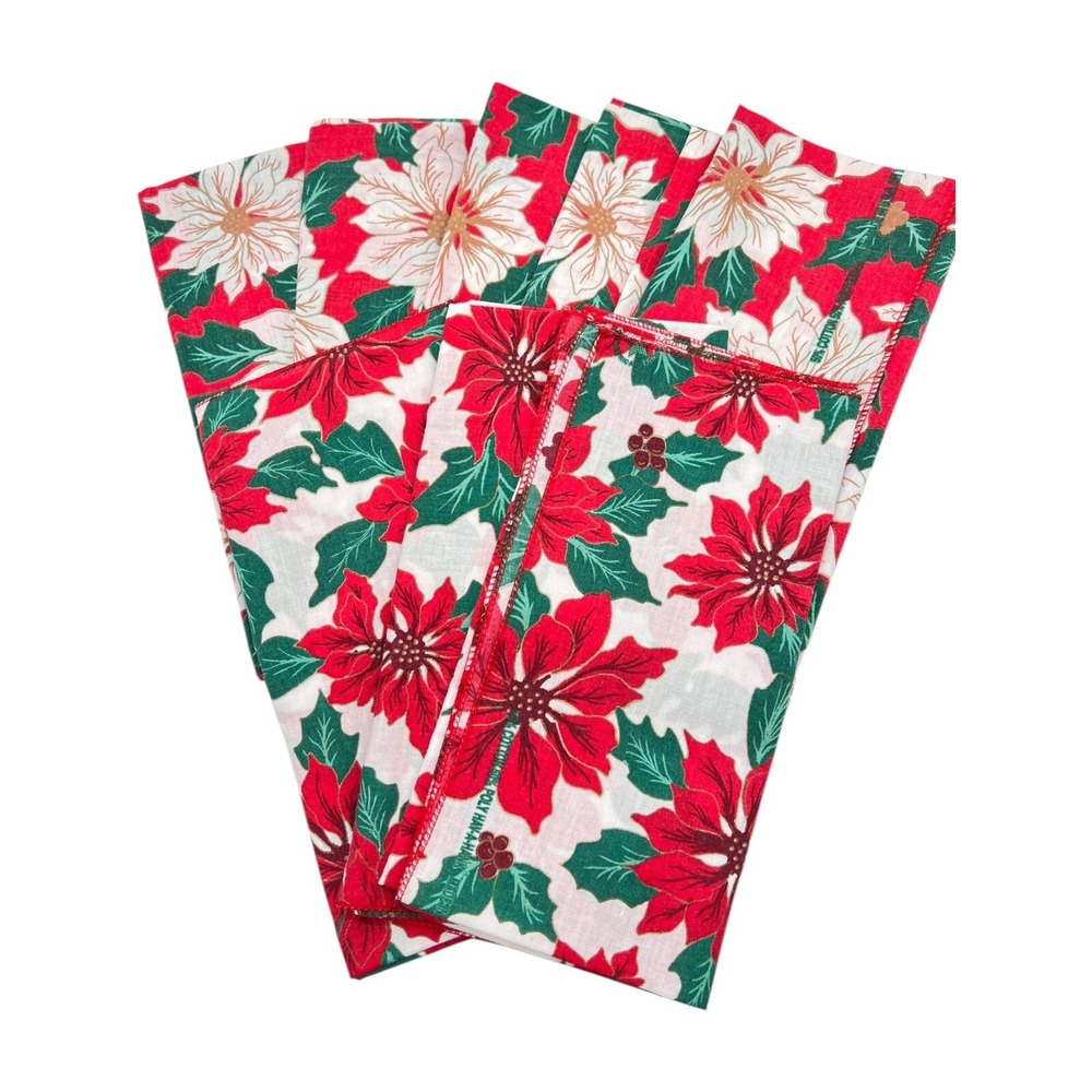 Vtg‎ Set 8 Christmas Cloth Napkins Poinsettias Hav-a-Hank Prop USA Mid Century